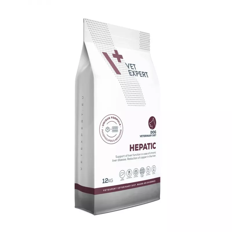 Sausās suņu barības VETEXPERT Veterinary Diet Hepatic 12 kg — diētiska barošana aknu atbalstam, gaļas garša, pieaugušiem suņiem 10–15,9 kg