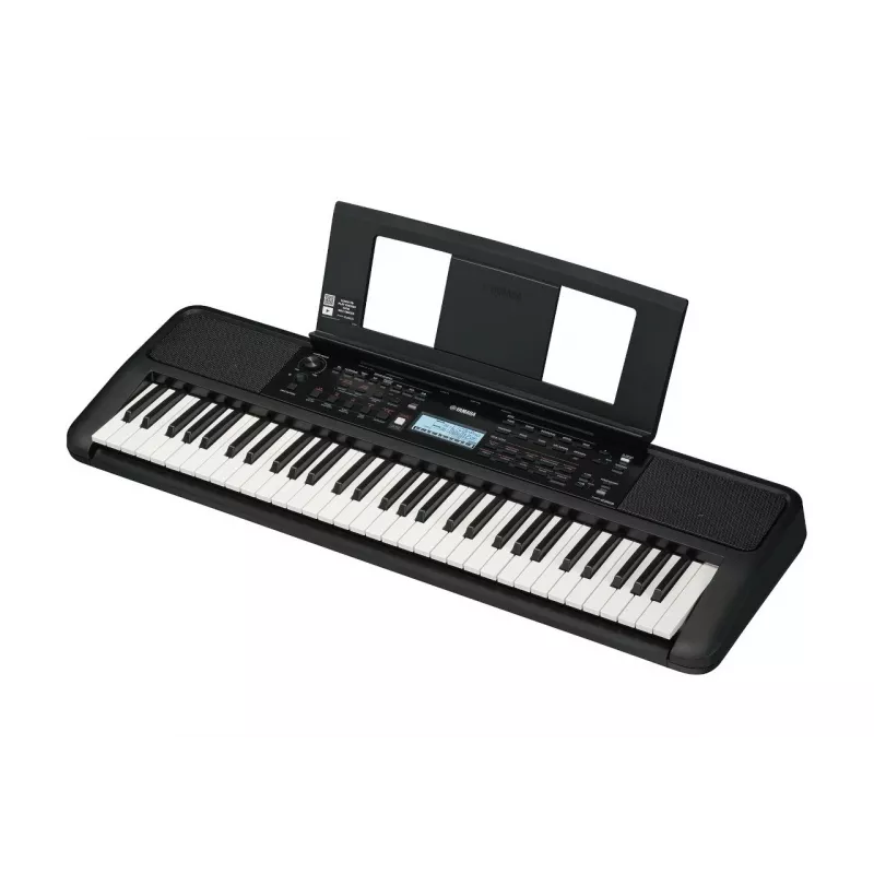 YAMAHA PSR-E383 tastatūra — 61 taustiņu pārnēsājama MIDI tastatūra, LCD displejs, USB, iebūvēti skaļruņi, darbināma ar baterijām (6), melna