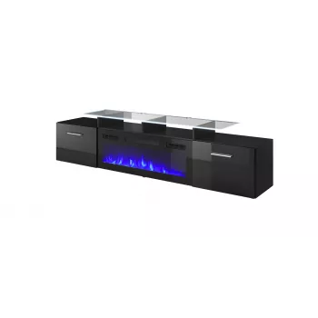 TV skapis Cama Meble ROVA ar elektrisko kamīnu, 190x37x48 cm, melns/melns spīdums