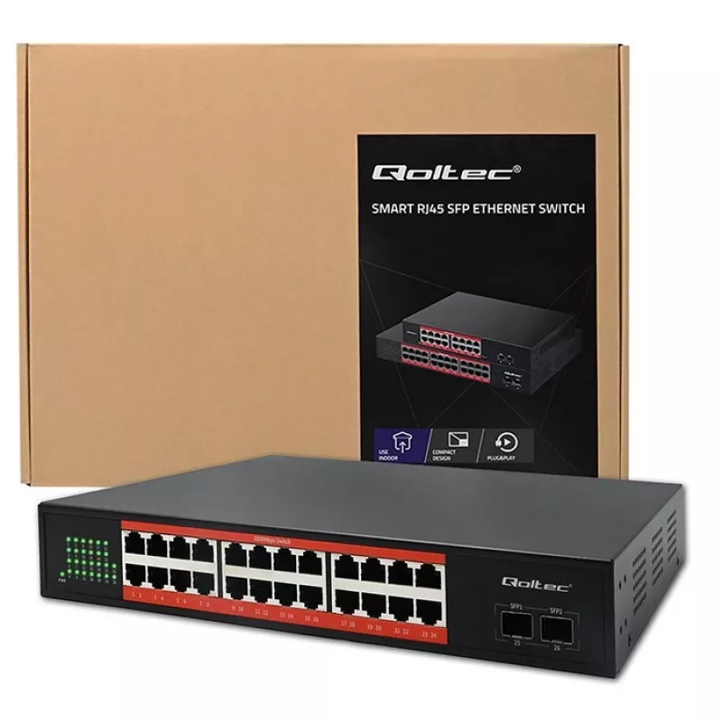 Tīkla slēdzis QOLTEC Gigabit Ethernet PoE 24xRJ45 2xSFP