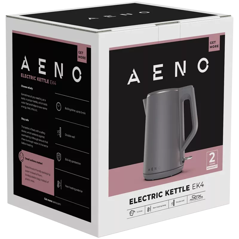 AENO Elektriskā tējkanna EK4: 1850-2200W, 1,5L, Strix, dubultās sienas, nesildošs korpuss, automātiska izslēgšanās, aizsardzība pret sauso tvertni