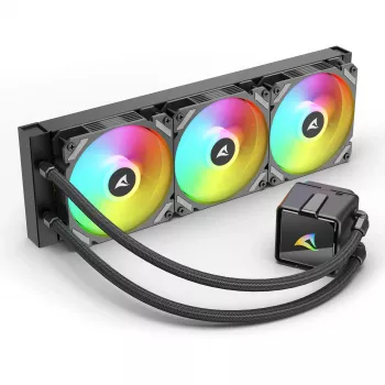 Universāls šķidruma CPU dzesētājs Sharkoon S60 ARGB — 360 mm radiators, 3×120 mm PWM ventilatori, melns