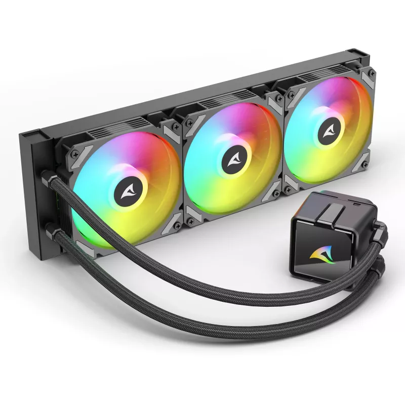 Universāls šķidruma CPU dzesētājs Sharkoon S60 ARGB — 360 mm radiators, 3×120 mm PWM ventilatori, melns