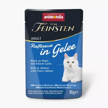 Animonda Vom Feinsten Raffinesse in Jelly bagātināts ar vistu un lasi mitrā kaķu barība 85 g