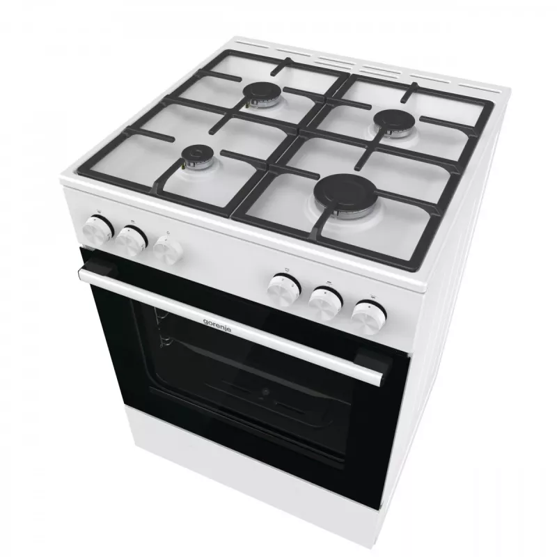 Brīvi stāvoša gāzes plīts Gorenje GG6A10WFFM, balta, 4 degļu plīts virsma, 72 L gāzes cepeškrāsns, rotējošas priekšējās vadības ierīces