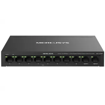 Tīkla komutators MERCUSYS MS110CMP — 8 portu PoE, 10 Gigabit RJ‑45 porti kopā, 115 W PoE budžets, galda/sienas montāža, melns