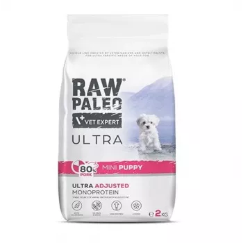 Sausā suņu barība VETEXPERT RAW PALEO Ultra Mini Puppy Pork 2 kg — pilnvērtīga barība mazo un miniatūro šķirņu kucēniem, 33% olbaltumvielu, 19% tauku