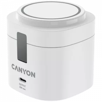 Canyon 4 in 1 bezvadu uzlādes statīvs, 30W maks., izmērs: 70x70x70,3 mm, svars: 414 g, ar 65W lādētāju un 1M kabeli, balts