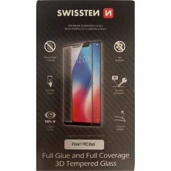 Rūdīts 3D pilnas līmēšanas ekrāna aizsargs SWISSTEN iPhone 11 Pro — melns
