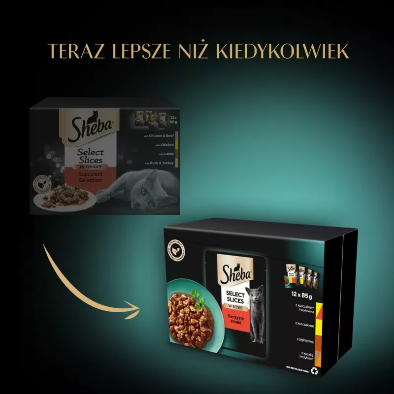 Mitrā kaķu barība Sheba Moist, paciņas 12×85 g (1020 g), vista & jērs, pieaugušiem kaķiem