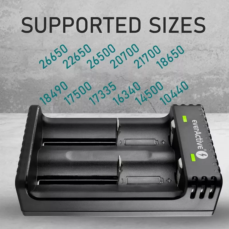 Bateriju lādētājs everActive LC200 mājsaimniecības USB, 2 nodalījumu, Li-Ion, atbalsta A/AA/AAA/AAAA/C/D, 5 V ieeja, 4.2 V izeja, melns
