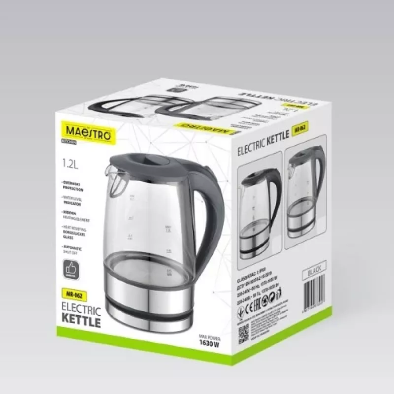 Maestro MR-062-BLACK elektriskā stikla tējkanna, 1630 W, 1,2 L