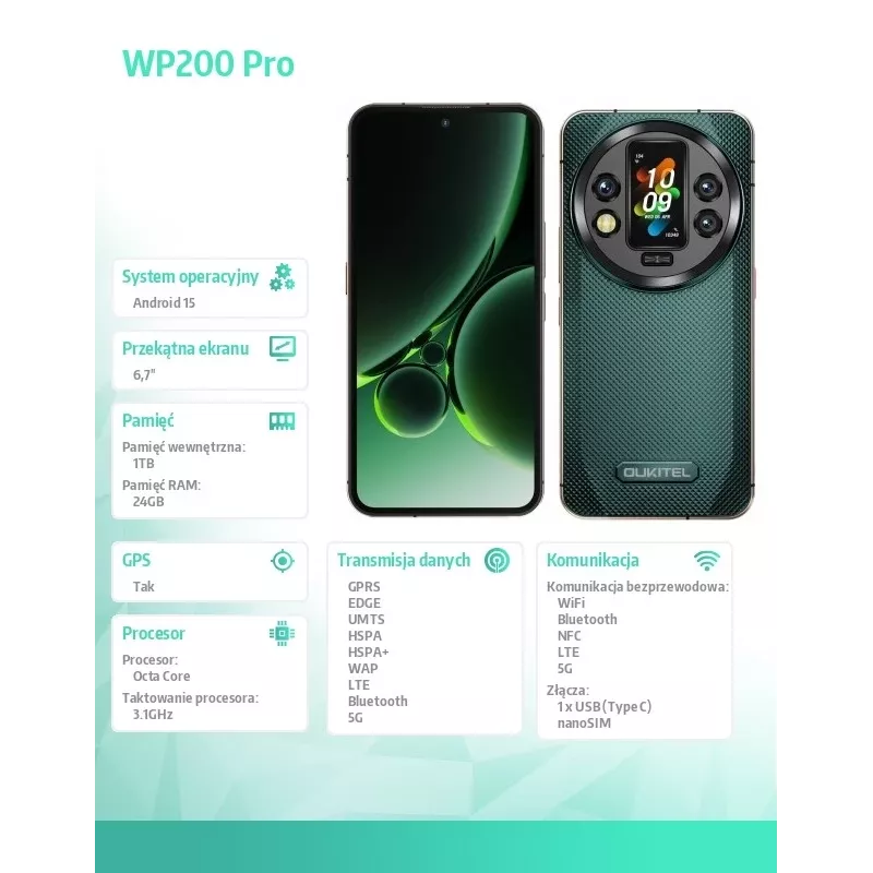 Viedtālrunis Oukitel WP200 Pro 5G 6,7 collas 24GB/1TB Zaļš