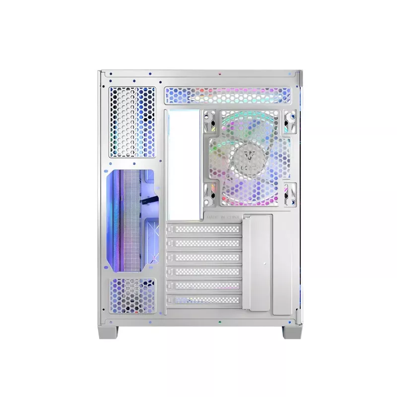 PC korpuss MODECOM Volcano Panorama Midi Tower balts — micro ATX, rūdīts stikls, ARGB, USB-C, atbalsta GPU 400 mm