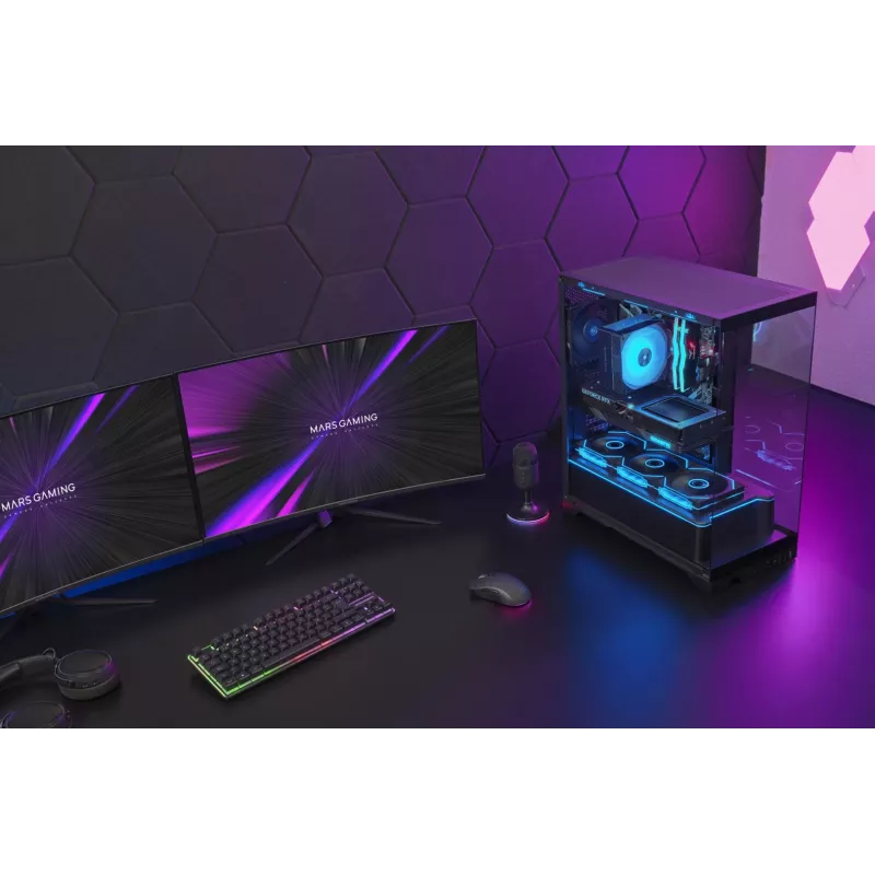 TACENS Mars Gaming MCPRISMA Midi Tower datora korpuss, melns, rūdītais stikls, atbalsta ATX/Micro-ATX/Mini-ITX, 2x3,5 collu + 2x2,5 collu nodalījumi