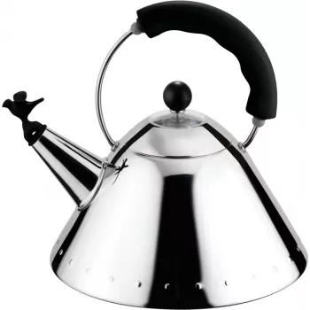 Alessi 9093 B Tējkanna ar rokturi, nerūsējošais tērauds, putna formas svilpe no melna PA