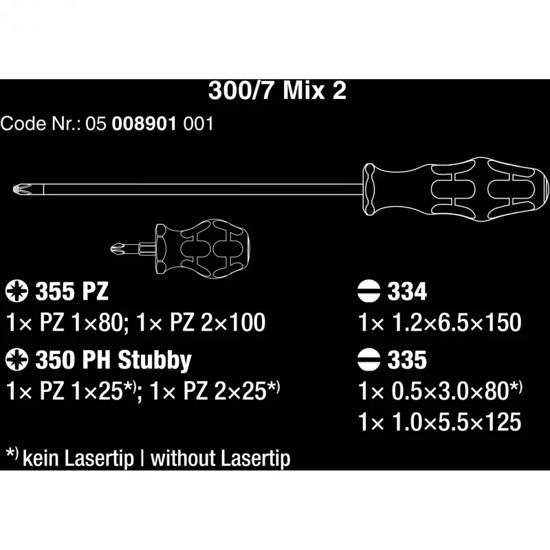 300/7 Mix 2 Skrūvgriežu komplekts Kraftform Plus (melns/zaļš, 7 daļas, Lasertip)