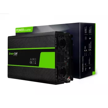 Auto jaudas pārveidotājs zaļa Cell INV22 — 1500 W, 12 V līdzstrāva uz 230 V maiņstrāvu, 50 Hz, LED, aktīvā dzesēšana, melns