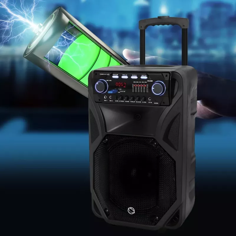 Pārnēsājams karaoke skaļrunis MANTA SPK5021PRO 20W, 12 collu zemfrekvences skaļrunis, 80W RMS, Bluetooth, baterija līdz 5h, SD/USB, mikrofona un ģitāras ieejas