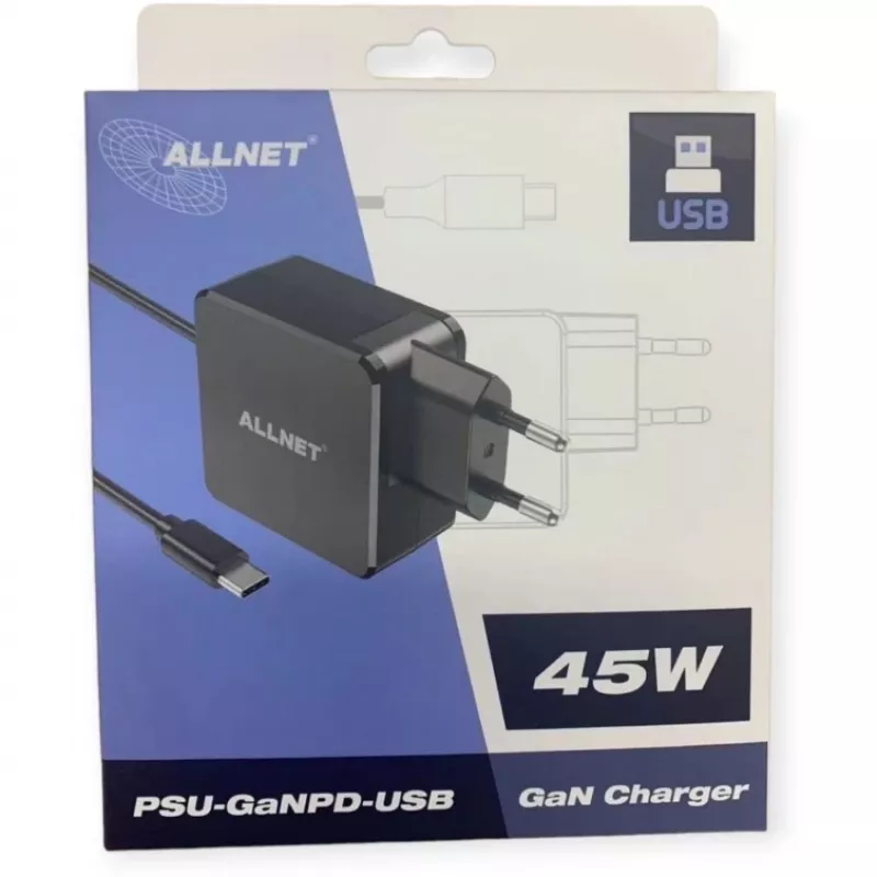 Barošanas bloks ALLNET PSU-GaNPD-USB-F1C-45W 45 W USB-C PD lādētājs ar 2 m kabeli un ES spraudni