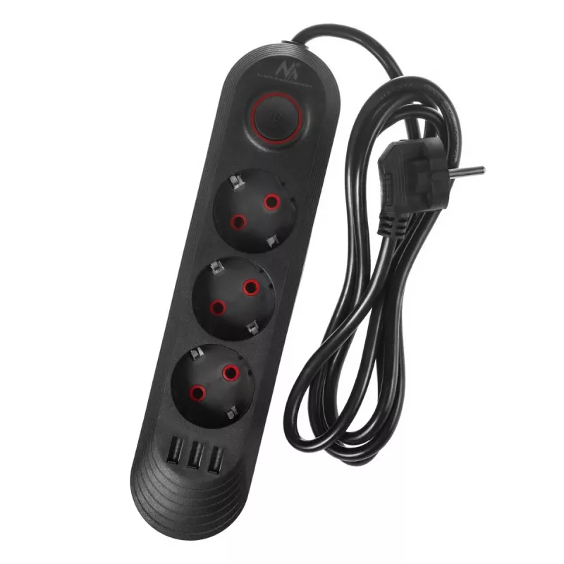Strāvas sadalītājs MACLEAN MCE394 B — 3 rozetes + 3×USB A, 110–240 V, 2,1 A USB, 2500 W, 1,5 m kabelis, melns