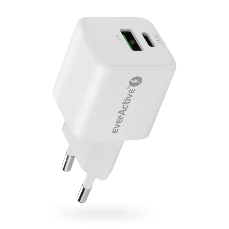 Sienas lādētājs everActive SC-330Q ar 1x USB-A un 1x USB-C pieslēgvietām, 20 W, balts