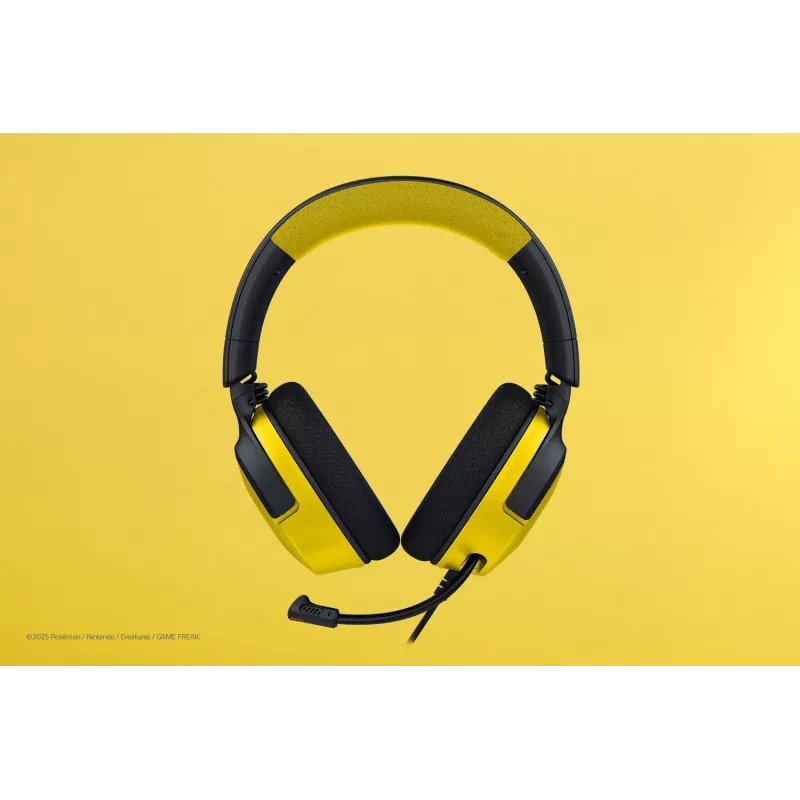 Austiņas Razer Kraken V4 X Pokemon — vadu USB-C/USB-A, supraaurālas, 20–20000 Hz, 1,8 m kabelis, 310 g, melnas/dzeltenas