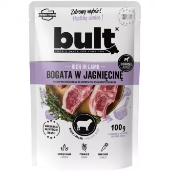 Mitrā suņu barība BULT Bagāta ar jēru 100 g paciņa — pilnvērtīga pieaugušo barība, 75% mitruma, 12% olbaltumvielu, bez graudiem