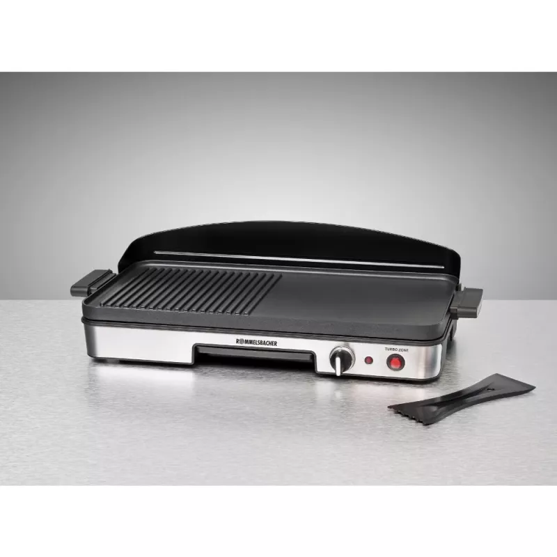Elektriskais galda grils Rommelsbacher BBQ 2003 — 1900 W, 50×25 cm, rievota + Teppanyaki, regulējams termostats, sudraba/melns