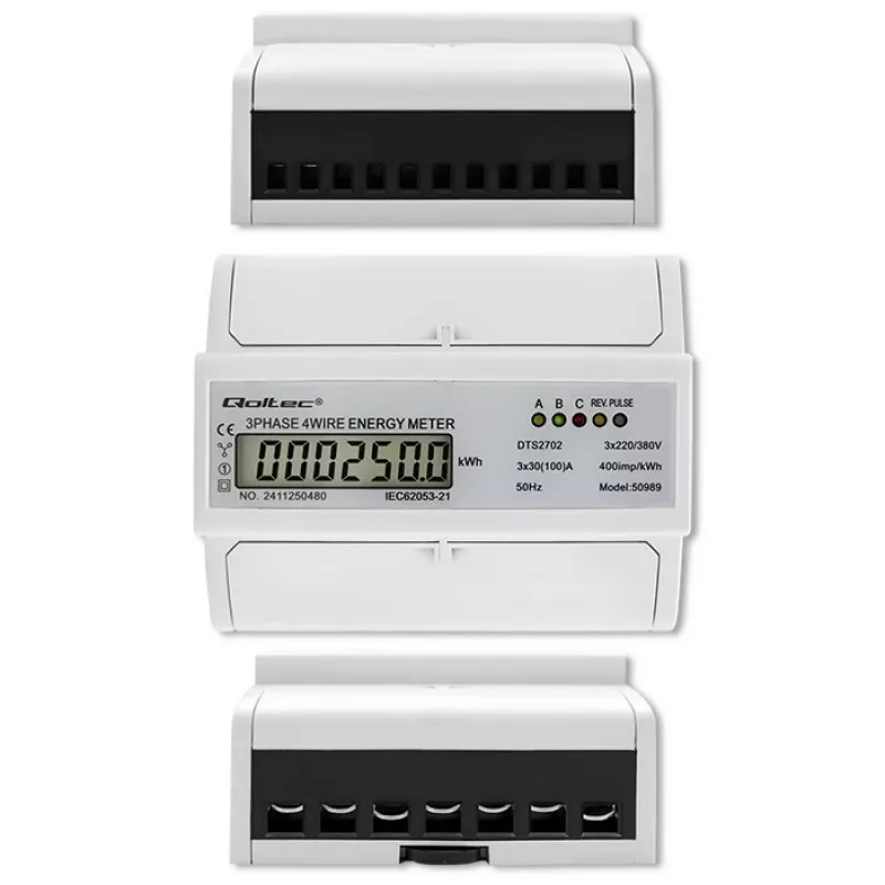Qoltec Trīsfāzu divvirzienu elektroniskais skaitītājs | DIN sliedes enerģijas patēriņa mērītājs | 400V | 100A | LCD | 4P