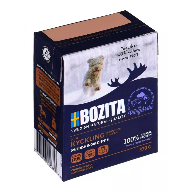 Slapjā suņu barība BOZITA AR VISTU — gabaliņi želejā, 370 g, pieaugušiem suņiem, bez lipekļa un sojas