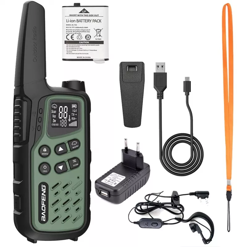 Rokas rācija Baofeng BF-T25E — 16 kanāli, 2×1400 mAh Li‑Ion, VOX, LCD, zaļa, komplektā 2 gab.
