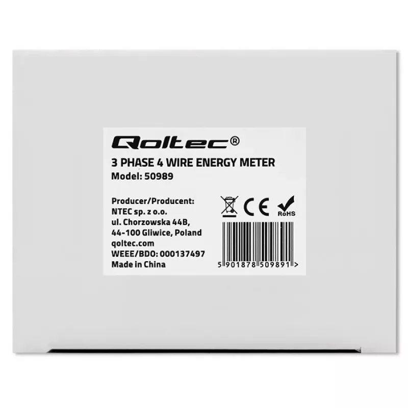 Qoltec Trīsfāzu divvirzienu elektroniskais skaitītājs | DIN sliedes enerģijas patēriņa mērītājs | 400V | 100A | LCD | 4P