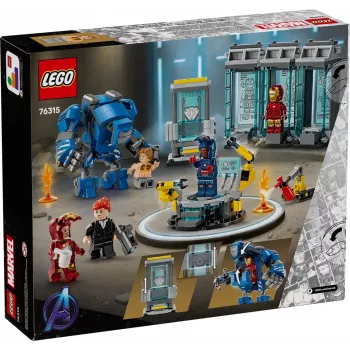 LEGO rotaļu komplekts Marvel Iron Man's Laboratory Hall of Armor 76315 — 384 detaļas, 5 minifigūriņas, izstādīšanas zona