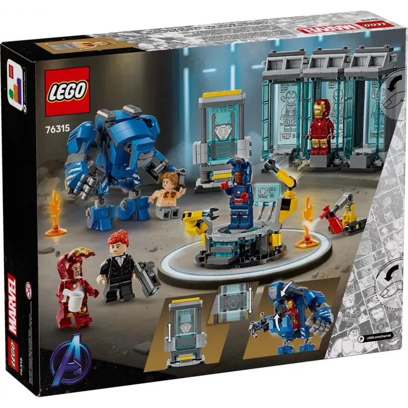 LEGO rotaļu komplekts Marvel Iron Man's Laboratory Hall of Armor 76315 — 384 detaļas, 5 minifigūriņas, izstādīšanas zona