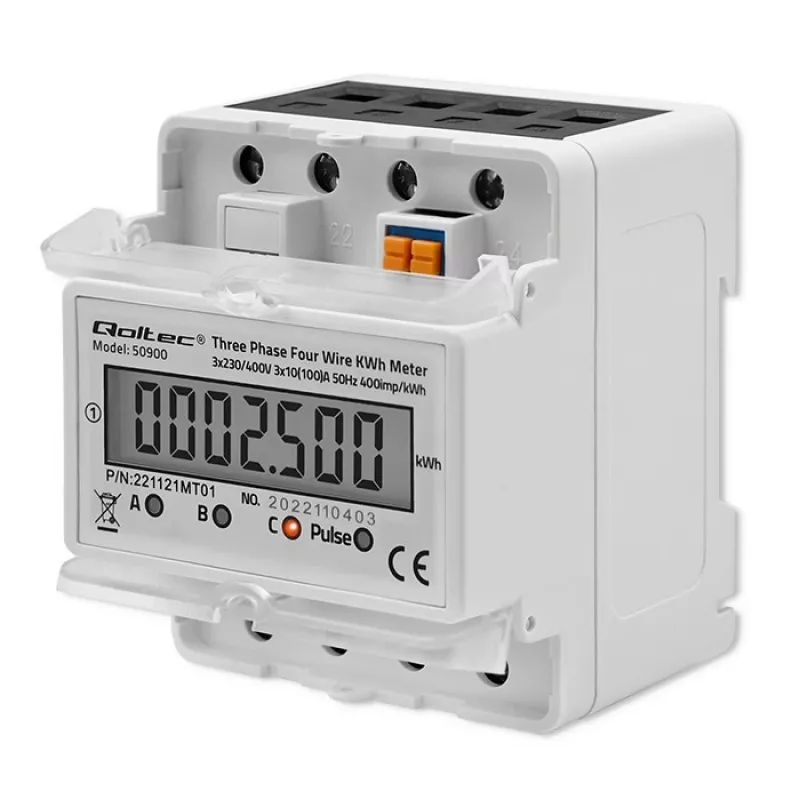 Trīsfāžu elektroniskais enerģijas skaitītājs QOLTEC 50900 400V LCD 4P