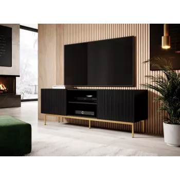 TV skapis Cama PAFOS uz zelta tērauda rāmja 150x40x60 cm matēts melns, skaidu plātnes virsma