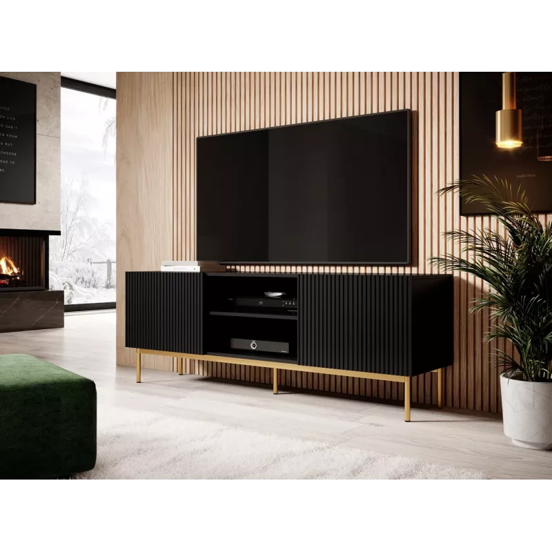 TV skapis Cama PAFOS uz zelta tērauda rāmja 150x40x60 cm matēts melns, skaidu plātnes virsma