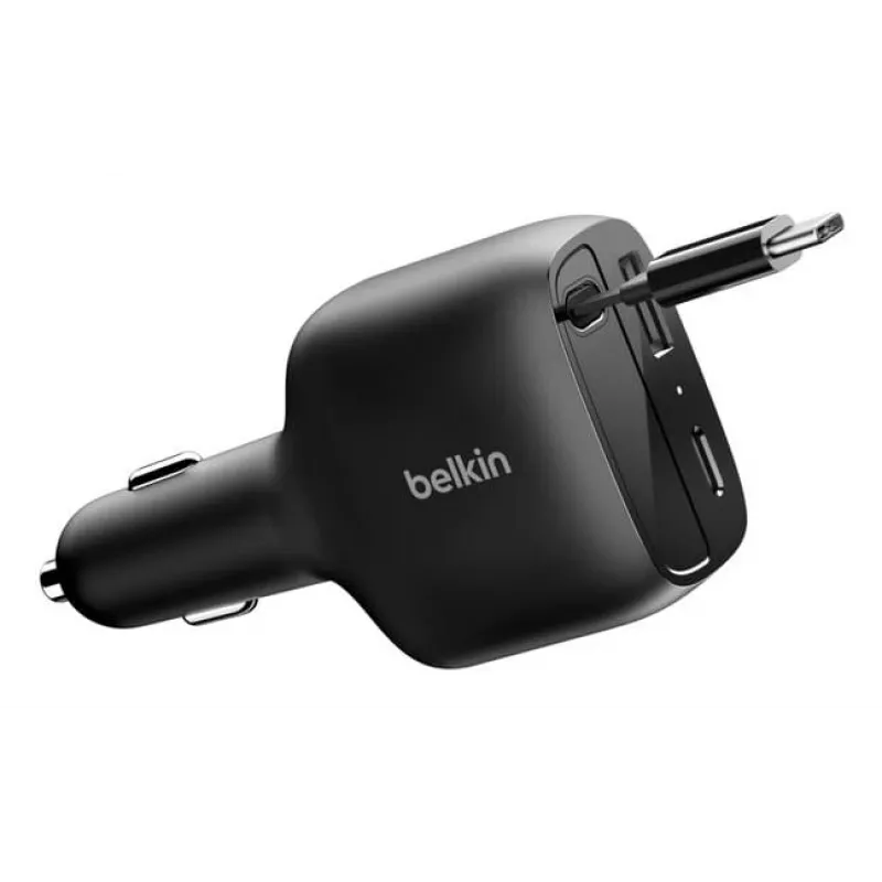Belkin 75 W 2 portu ar izvelkamo USB-C kabeli automašīnas lādētājs — Kabelis (CCC001HQBK)