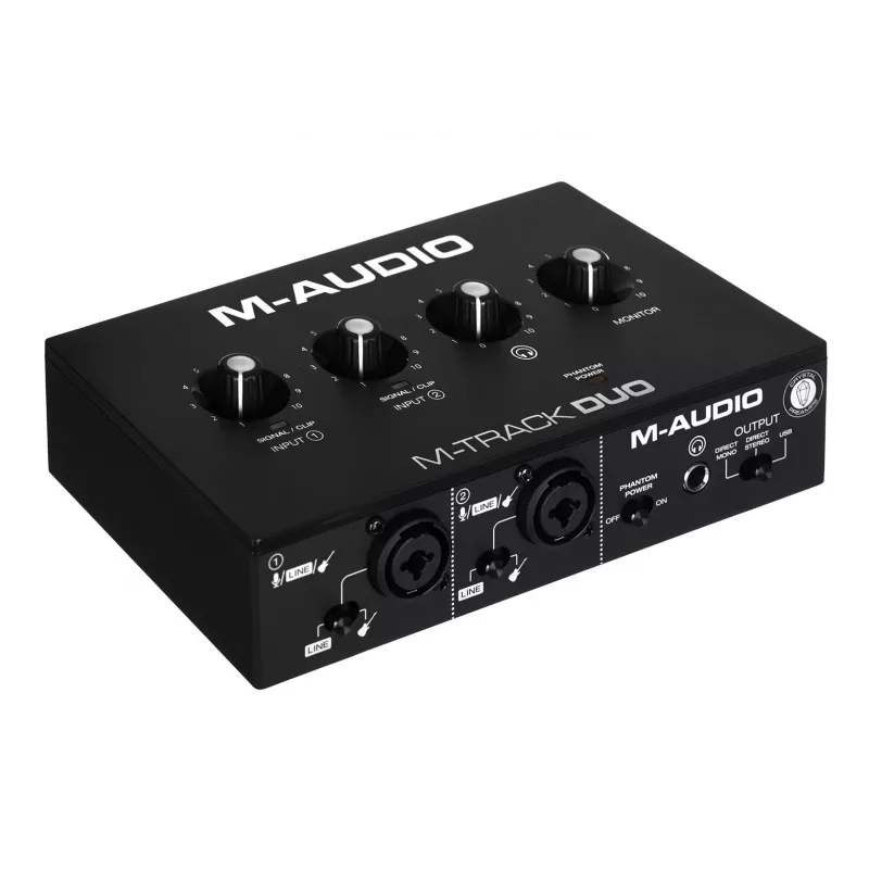 Audio interfeiss M-Audio M-Track Duo — USB 2-ieejas/2-izejas, 16 bitu/48 kHz, 1x XLR/TS combo, 1x instrumenta ieeja, fantoma 48V