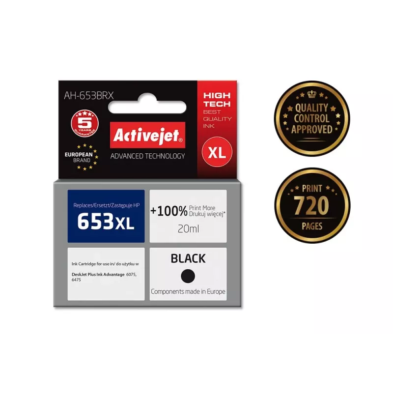 Saderīga ActiveJet AH-653BRX tintes kasetne priekš HP 653XL, melna, 20 ml, augsta (XL) ietilpība, 720 lappuses