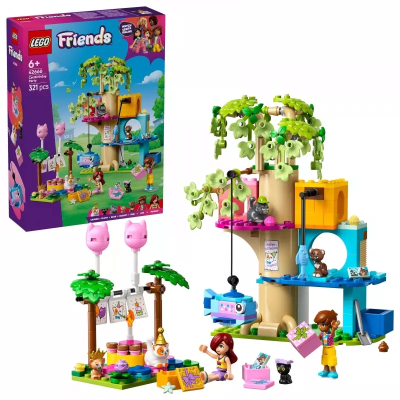 Konstruktora rotaļlieta LEGO Friends 42666 Kaķa dzimšanas dienas ballītes koka mājas komplekts, 321 gab., 6+ gadi, 180×160×100 mm