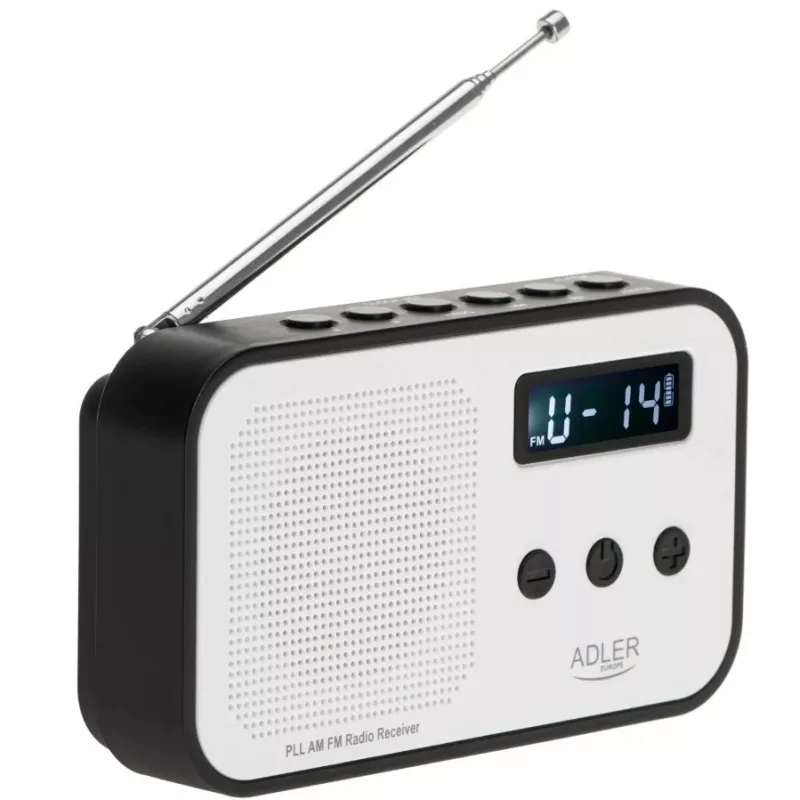 Pārnēsājamais ciparu radio Adler AD 1907 — AM/FM, ciparu uztvērējs, modinātājs, USB-C, 600 mAh baterija, LCD, 20 atmiņas vietas, teleskopiskā antena