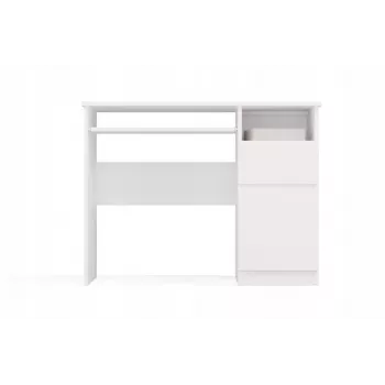 Desk top e shop PORTO Galds pa labi baltā krāsā, taisnstūra skaidu plākšņu virsma 985×510×755 mm, 1 atvilktne, tastatūras paliktnis