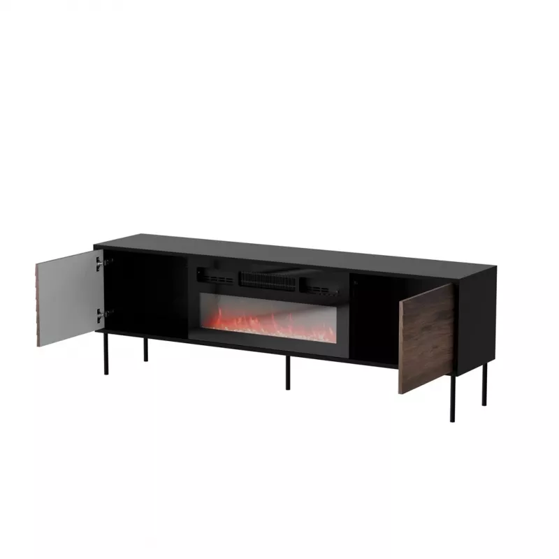 TV skapis cama meble CORTINA 180x40x60 cm melns/riekstkoks ar melnu elektrisko kamīnu