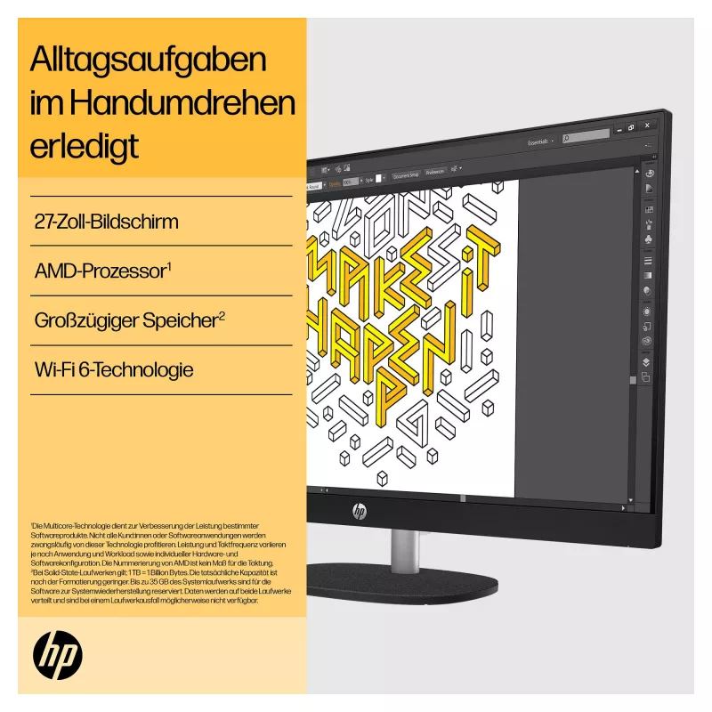 HP 27-cr0471ng - Viss-vienā (pilnīgs risinājums) - Ryzen 7 7730U - RAM 16 GB - SSD 512 GB - NVMe - Radeon Graphics - 1GbE, Wi-Fi 6, Bluetooth - WLAN: 802.11a/b/g/n/ac/ax, Bluetooth