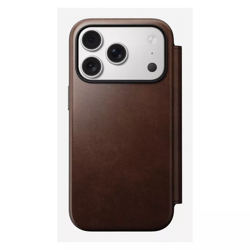 Mobilā tālruņa vāciņš Nomad Modern Leather Folio iPhone 17 Pro, āda/alumīnijs, 16 cm (6,3 collas) brūns, 4 karšu kabatas