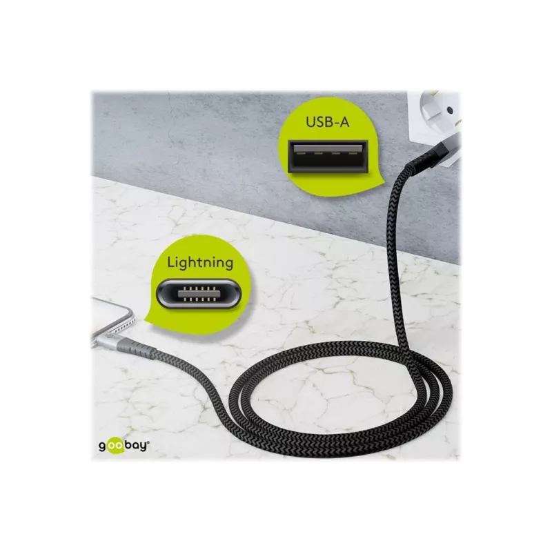 USB-A uz Lightning kabelis GOOBAY 2 m, tekstila apvalks, 3,3 mm diametrs, pelēks kosmosa/sudraba