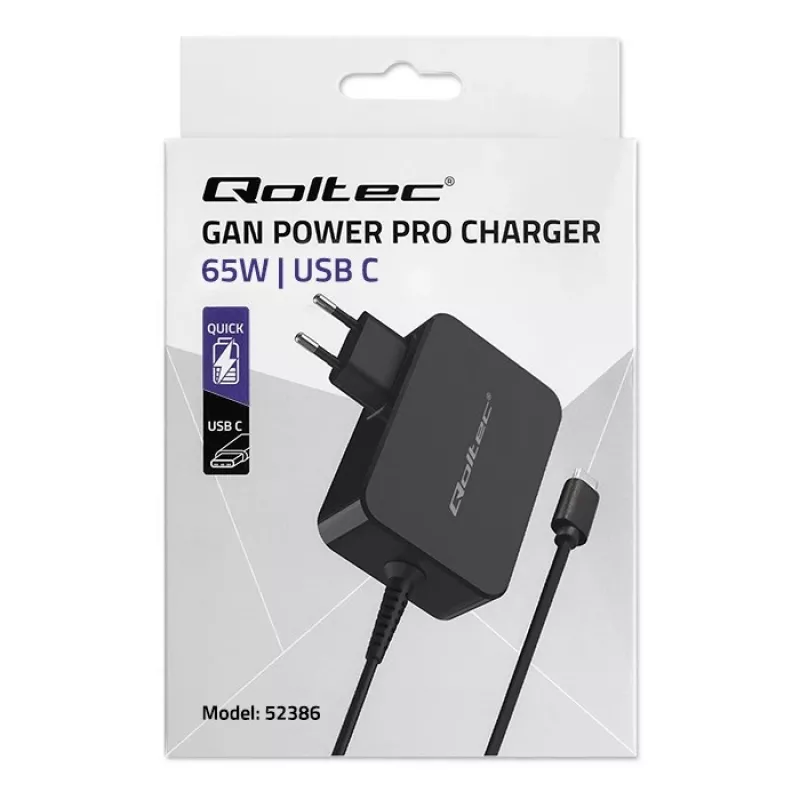 Qoltec 52386 GaN POWER PRO lādētājs | 1xUSB-C | 65W | 5-20V | 3-3.25A | Melns