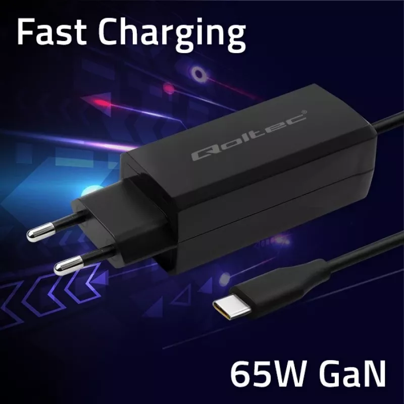 GaN klēpjdatoru lādētājs QOLTEC 52419 65W USB-C PD 5V/20V 3A/3.25A, 220–240V, 1,8 m kabelis, melns